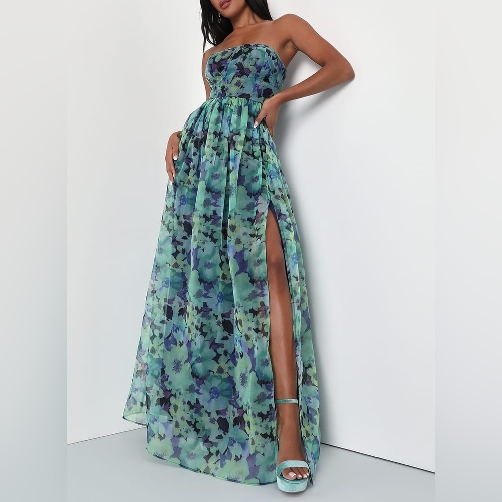 Lulus Wonderful Waltz Green Floral Print Strapless Bustier Maxi Dress Size L